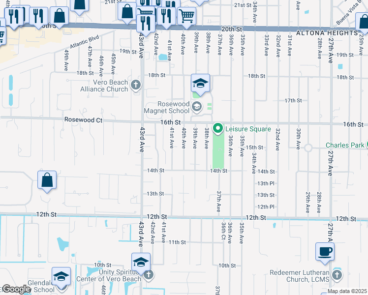 map of restaurants, bars, coffee shops, grocery stores, and more near 1445 40th Avenue in Vero Beach