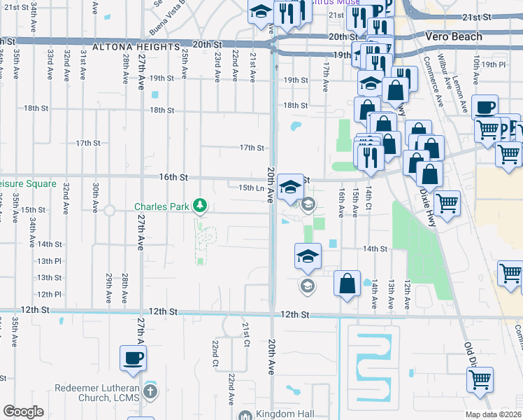 map of restaurants, bars, coffee shops, grocery stores, and more near 2008 14th Place in Vero Beach