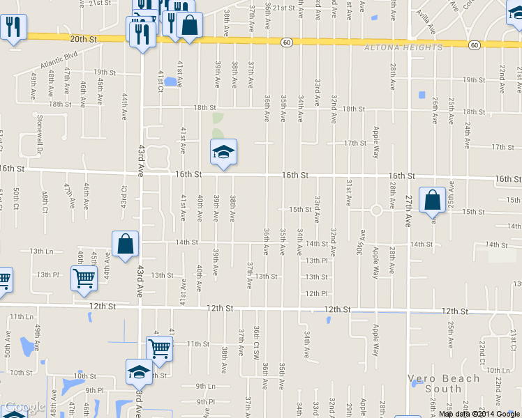 map of restaurants, bars, coffee shops, grocery stores, and more near 3605 16th Street in Vero Beach
