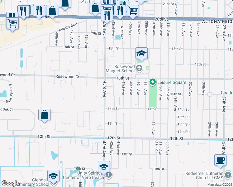 map of restaurants, bars, coffee shops, grocery stores, and more near 4141 16th Street in Vero Beach