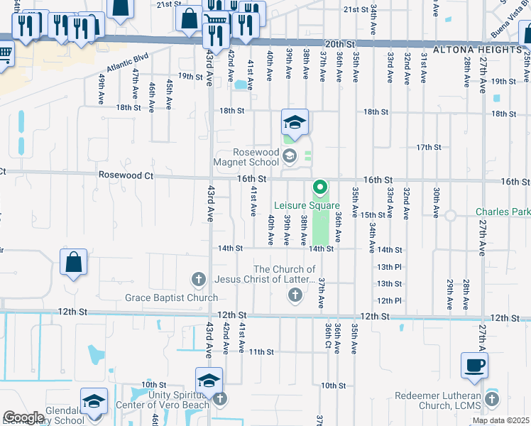 map of restaurants, bars, coffee shops, grocery stores, and more near 1505 40th Avenue in Vero Beach