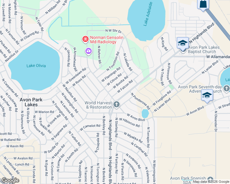 map of restaurants, bars, coffee shops, grocery stores, and more near 2174 West Falcon Road in Avon Park