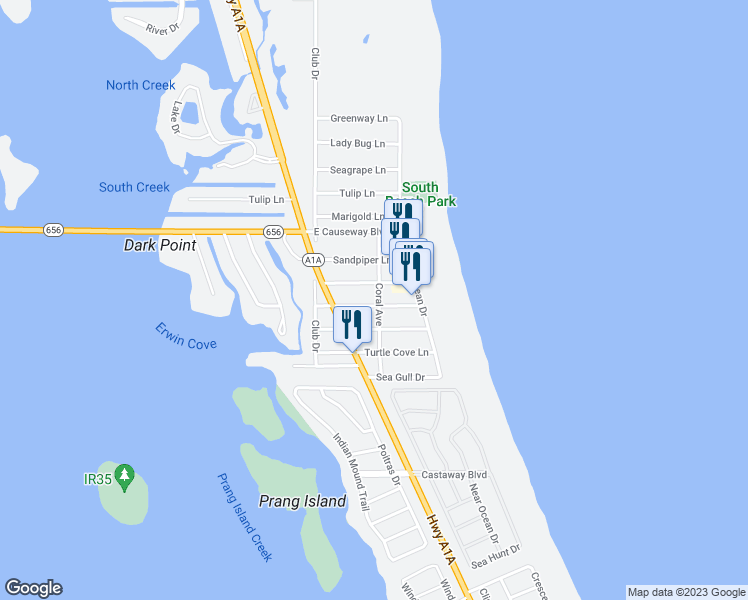 map of restaurants, bars, coffee shops, grocery stores, and more near 1525 Coral Avenue in Vero Beach