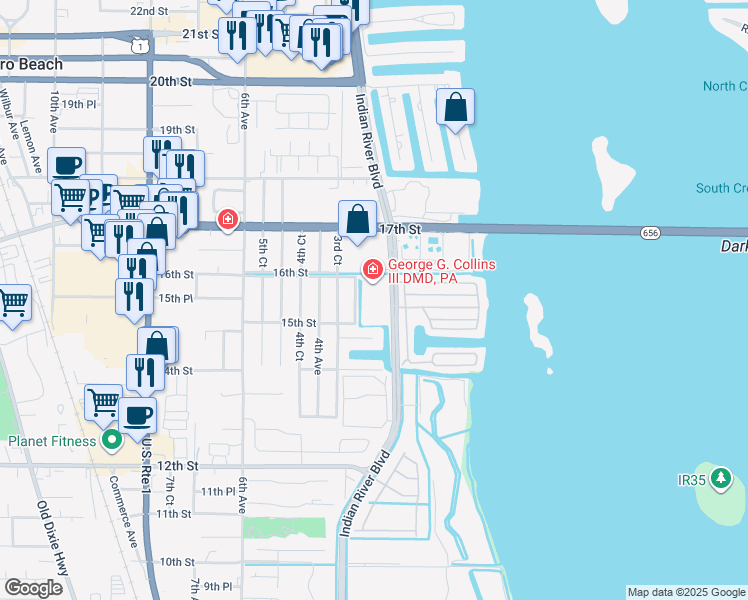 map of restaurants, bars, coffee shops, grocery stores, and more near 1555 Indian River Boulevard in Vero Beach