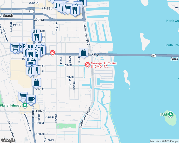map of restaurants, bars, coffee shops, grocery stores, and more near 1555 Indian River Boulevard in Vero Beach
