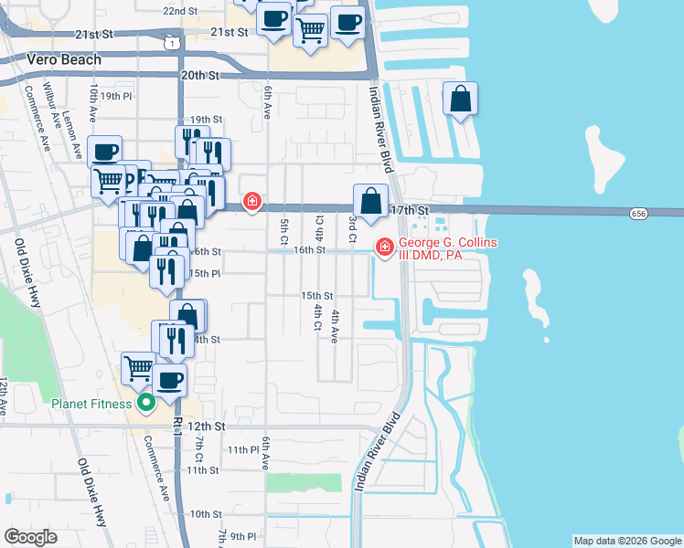 map of restaurants, bars, coffee shops, grocery stores, and more near 1581 4th Avenue in Vero Beach