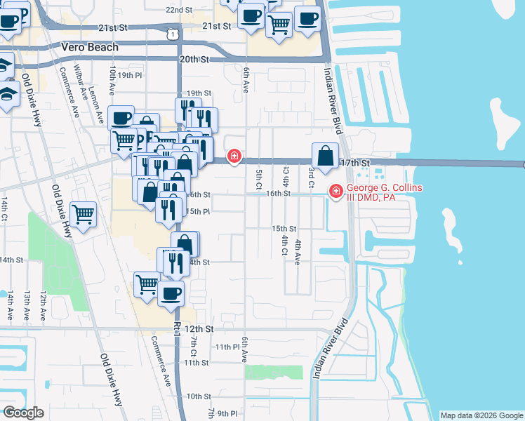 map of restaurants, bars, coffee shops, grocery stores, and more near 1550 5th Court in Vero Beach