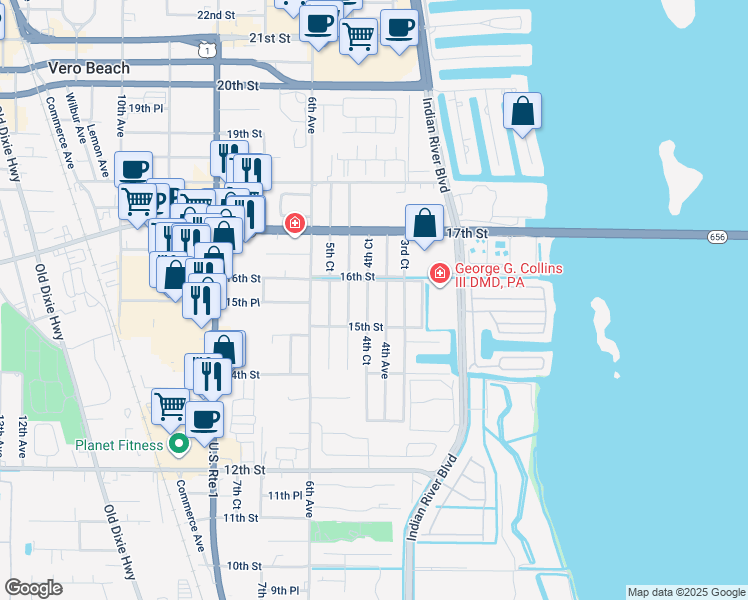 map of restaurants, bars, coffee shops, grocery stores, and more near 1581 4th Avenue in Vero Beach