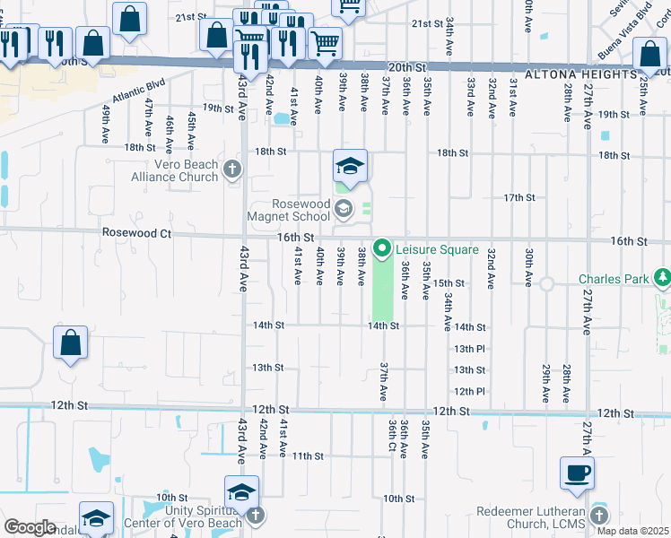 map of restaurants, bars, coffee shops, grocery stores, and more near 1542 39th Avenue in Vero Beach
