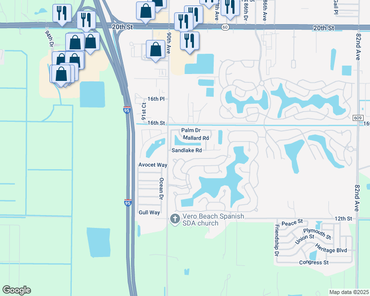 map of restaurants, bars, coffee shops, grocery stores, and more near 195 Sandlake Road in Vero Beach
