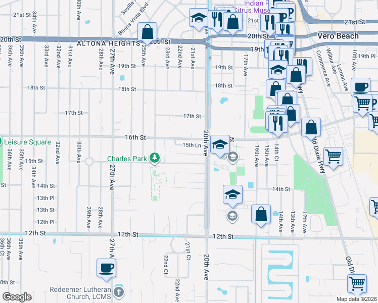 map of restaurants, bars, coffee shops, grocery stores, and more near 2046 15th Place in Vero Beach