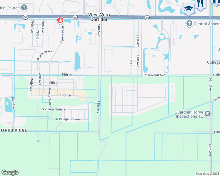 map of restaurants, bars, coffee shops, grocery stores, and more near 7271 East Village Square in Vero Beach