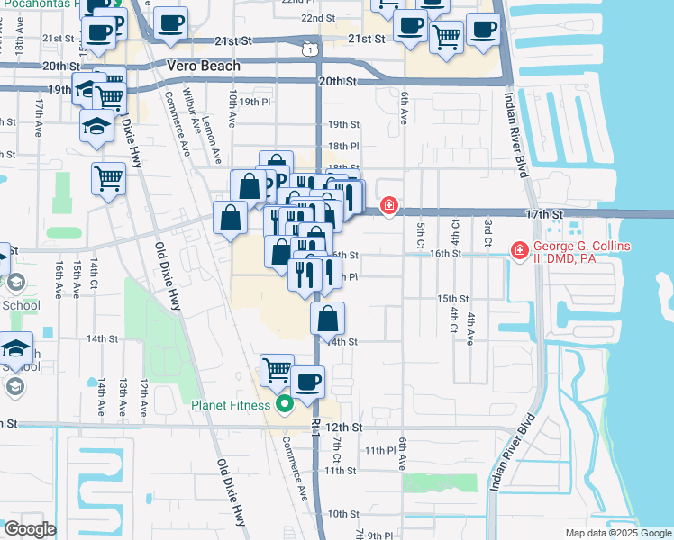 map of restaurants, bars, coffee shops, grocery stores, and more near 760 15th Place in Vero Beach