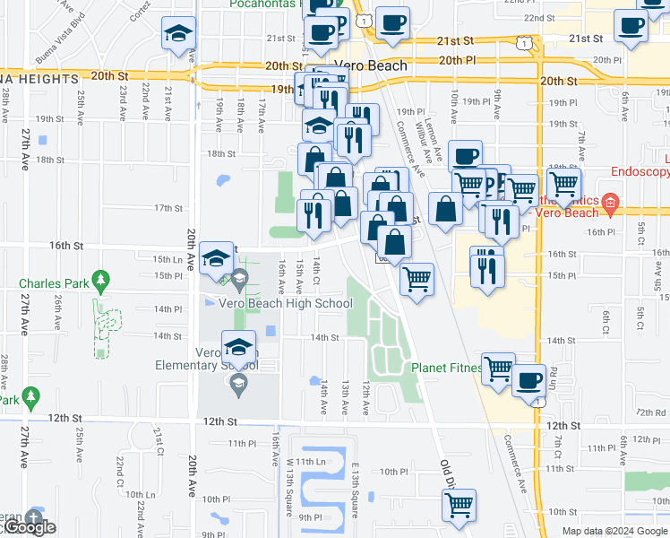 map of restaurants, bars, coffee shops, grocery stores, and more near 1550 14th Avenue in Vero Beach