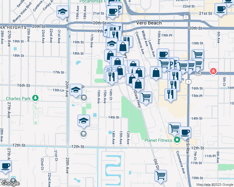map of restaurants, bars, coffee shops, grocery stores, and more near 1550 14th Avenue in Vero Beach