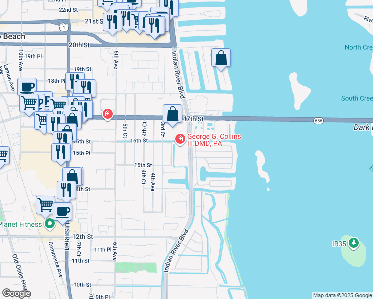 map of restaurants, bars, coffee shops, grocery stores, and more near 1555 Indian River Boulevard in Vero Beach