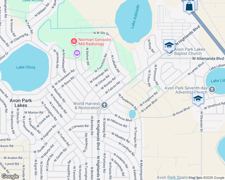map of restaurants, bars, coffee shops, grocery stores, and more near 2089 West Falcon Road in Avon Park