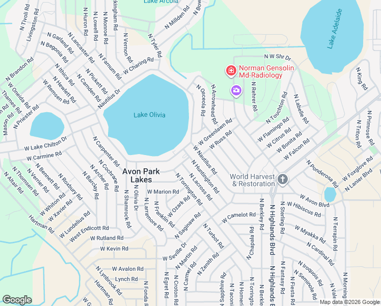 map of restaurants, bars, coffee shops, grocery stores, and more near 2400 North Huntington Road in Avon Park