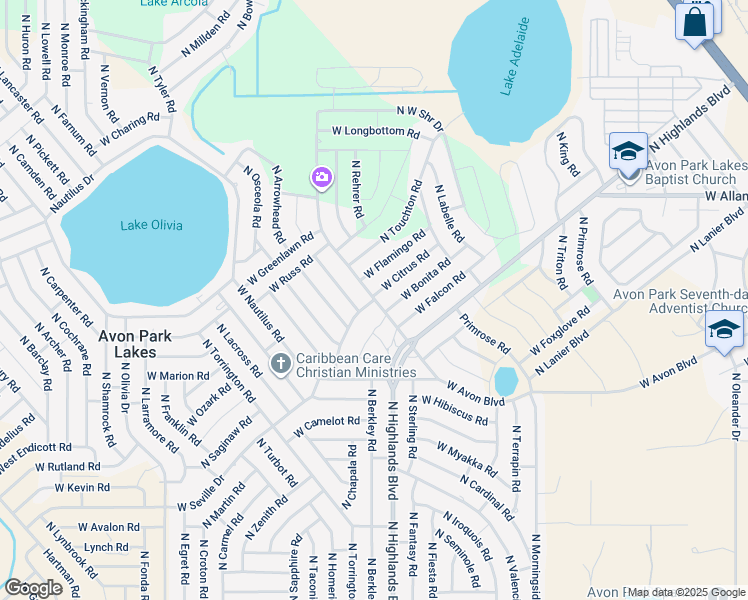 map of restaurants, bars, coffee shops, grocery stores, and more near 2246 N Roslyn Rd in Avon Park