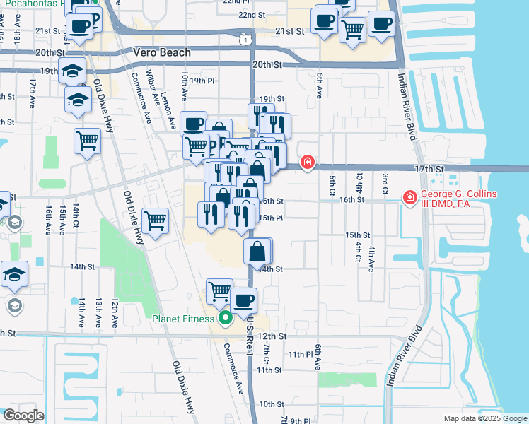 map of restaurants, bars, coffee shops, grocery stores, and more near 760 15th Place in Vero Beach