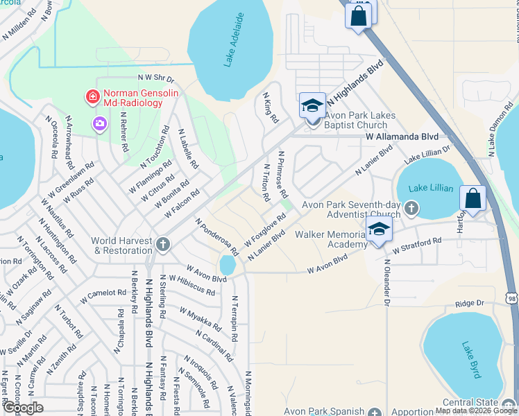 map of restaurants, bars, coffee shops, grocery stores, and more near 2326 North Cypress Road in Avon Park