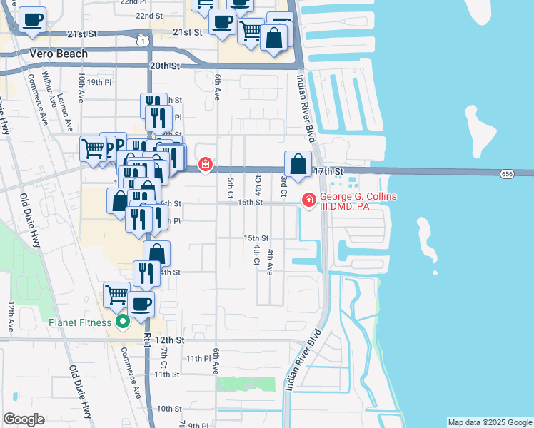 map of restaurants, bars, coffee shops, grocery stores, and more near 1581 4th Avenue in Vero Beach