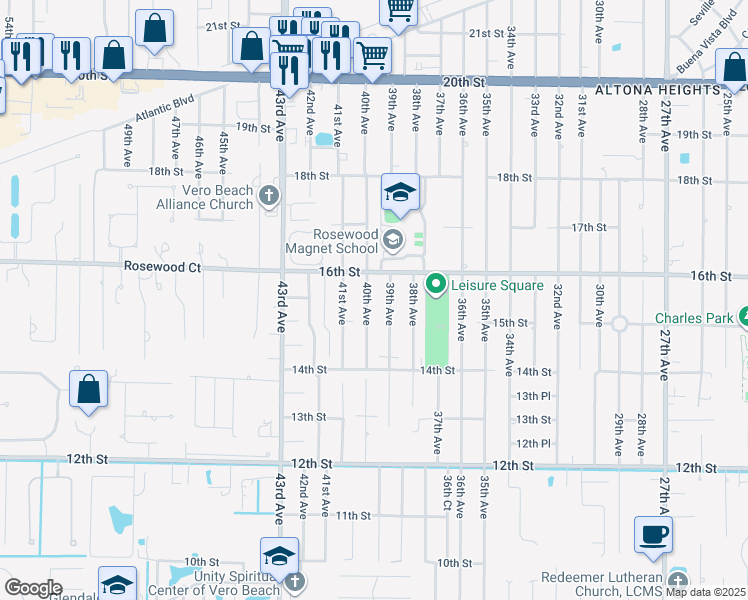 map of restaurants, bars, coffee shops, grocery stores, and more near 1545 40th Avenue in Vero Beach