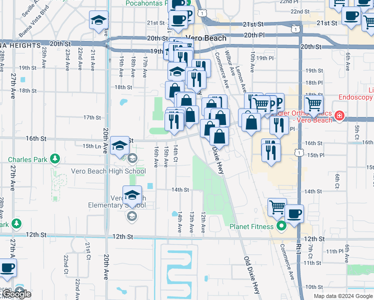 map of restaurants, bars, coffee shops, grocery stores, and more near 1550 14th Avenue in Vero Beach