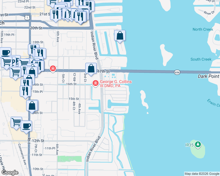 map of restaurants, bars, coffee shops, grocery stores, and more near 226 North Harbor Drive in Vero Beach