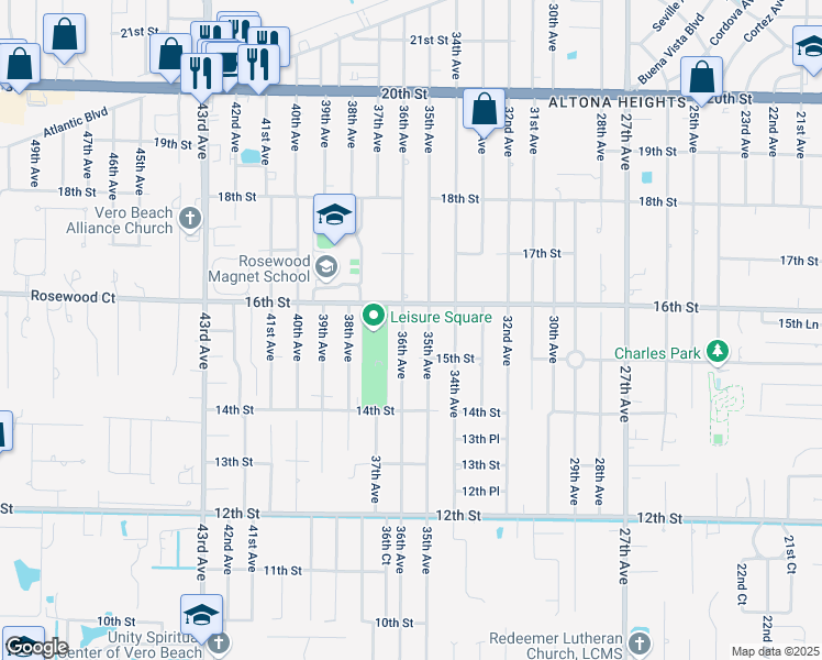 map of restaurants, bars, coffee shops, grocery stores, and more near 3605 16th Street in Vero Beach