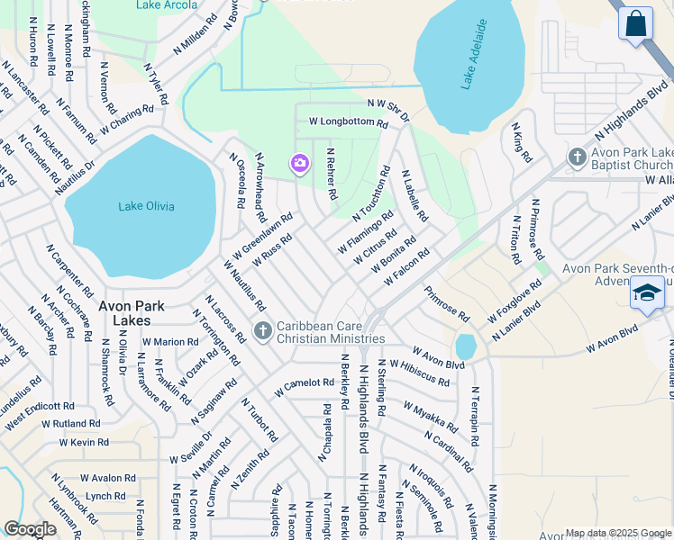 map of restaurants, bars, coffee shops, grocery stores, and more near 2200-2246 N Roslyn Rd in Avon Park