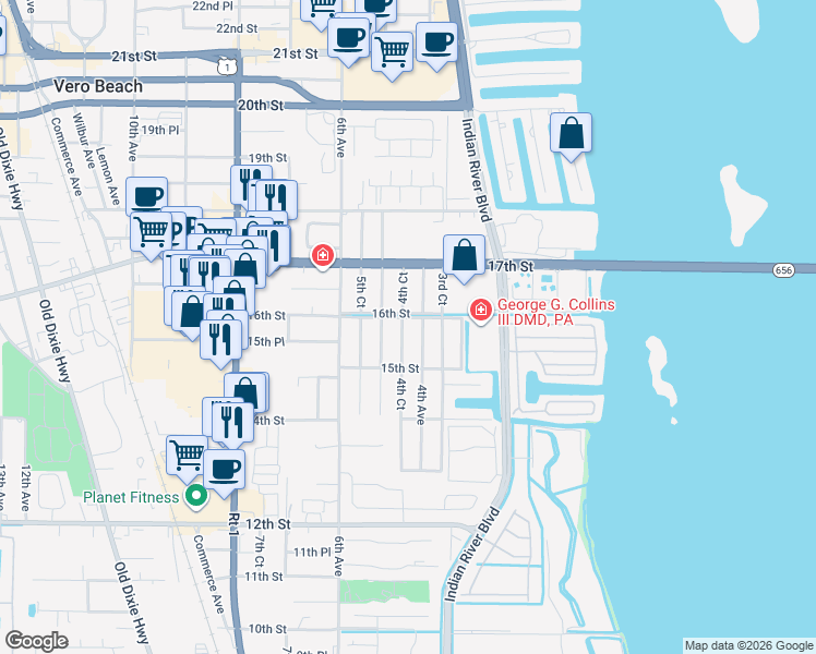 map of restaurants, bars, coffee shops, grocery stores, and more near 1580 4th Court in Vero Beach