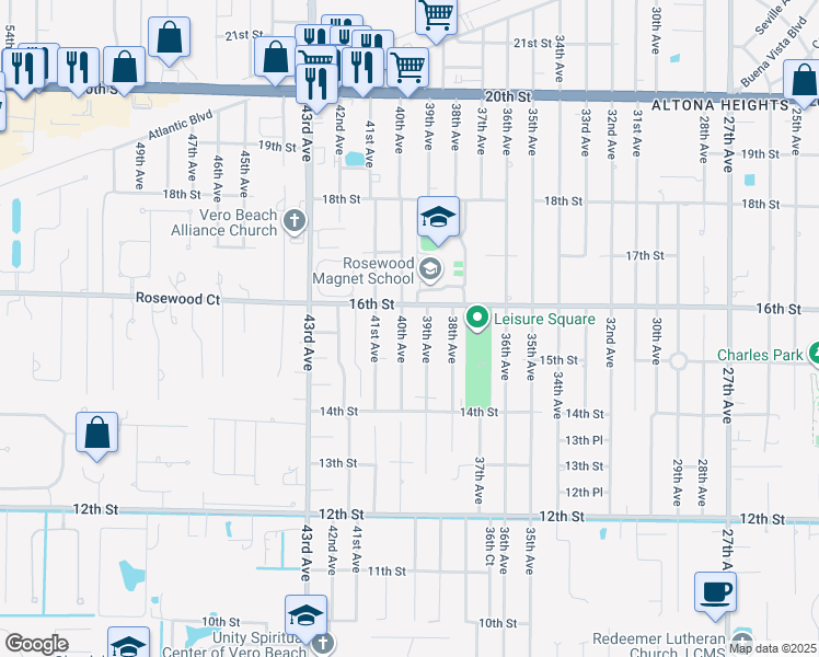 map of restaurants, bars, coffee shops, grocery stores, and more near 1545 40th Avenue in Vero Beach