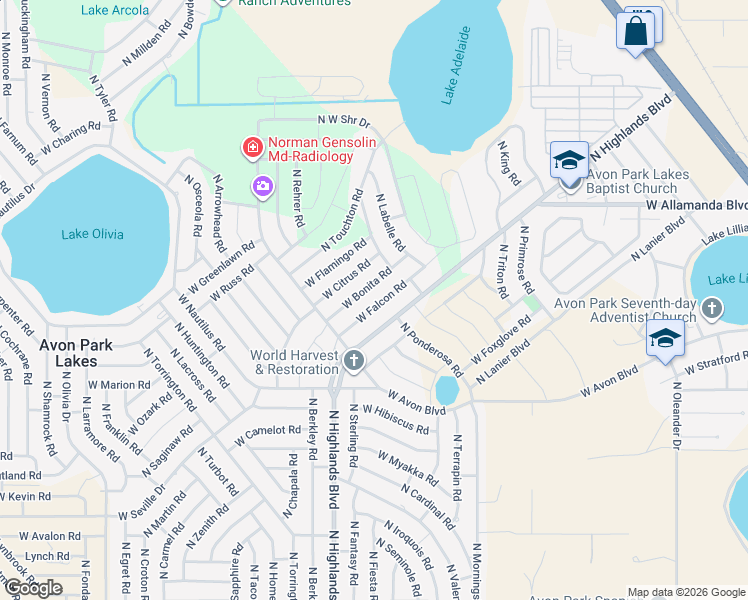 map of restaurants, bars, coffee shops, grocery stores, and more near 2089 West Falcon Road in Avon Park