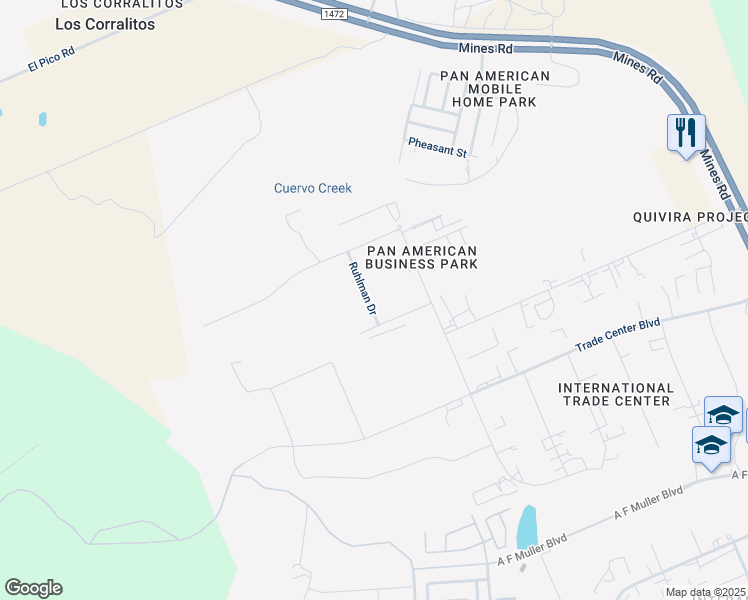 map of restaurants, bars, coffee shops, grocery stores, and more near 14619 Ruhlman Drive in Laredo