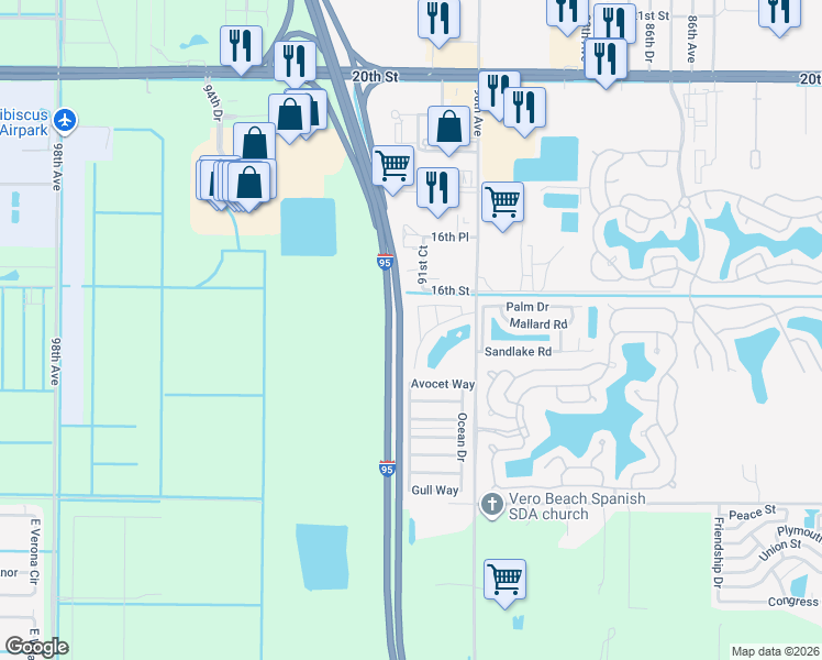 map of restaurants, bars, coffee shops, grocery stores, and more near 1455 90th Avenue in Vero Beach