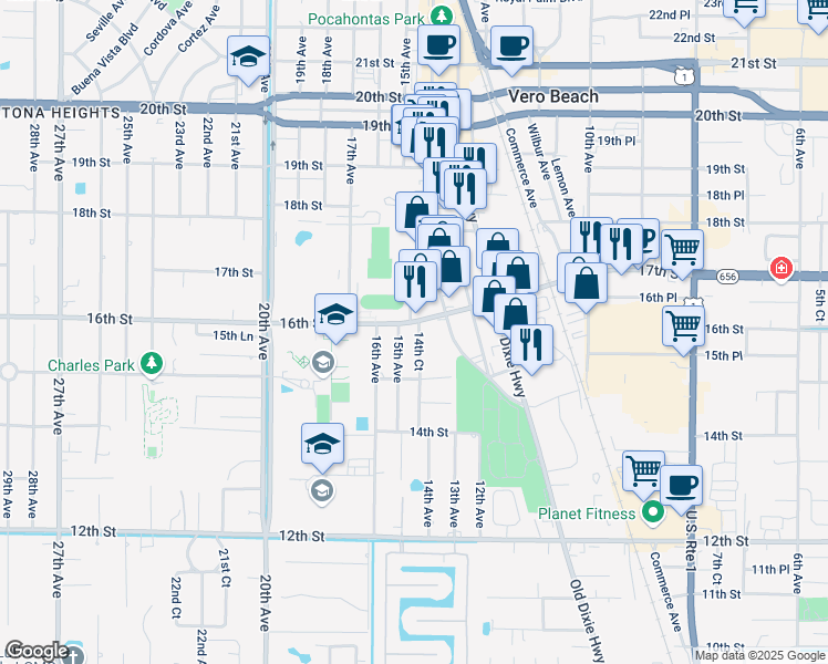 map of restaurants, bars, coffee shops, grocery stores, and more near 1575 14th Court in Vero Beach