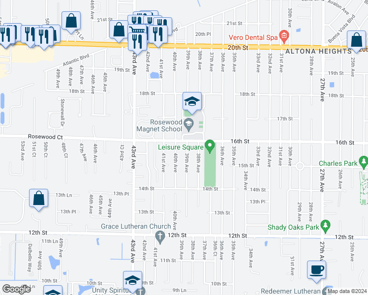 map of restaurants, bars, coffee shops, grocery stores, and more near 1542 39th Avenue in Vero Beach