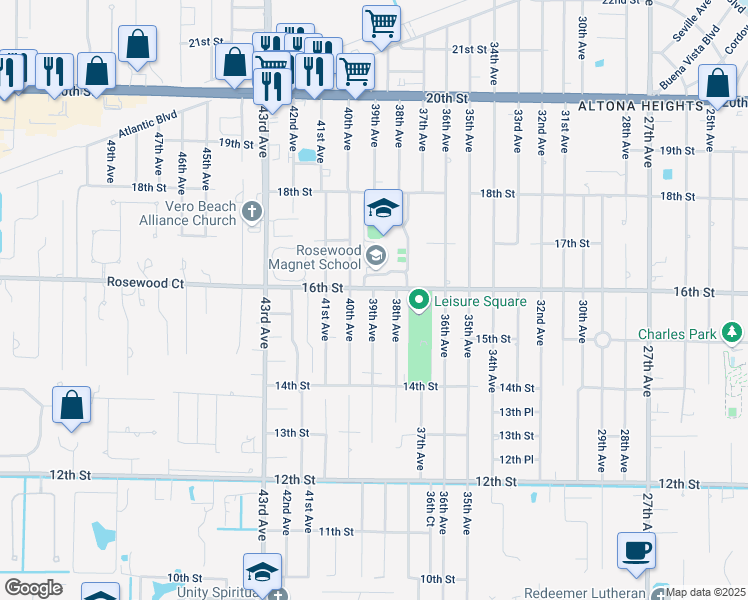 map of restaurants, bars, coffee shops, grocery stores, and more near 1582 39th Avenue in Vero Beach