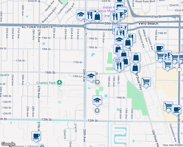 map of restaurants, bars, coffee shops, grocery stores, and more near 1900 16th Avenue in Vero Beach