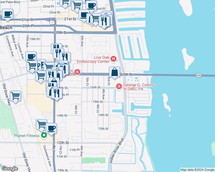 map of restaurants, bars, coffee shops, grocery stores, and more near 326 16th Street in Vero Beach