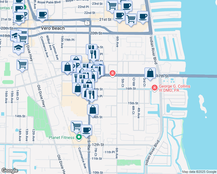 map of restaurants, bars, coffee shops, grocery stores, and more near 652 16th Street in Vero Beach