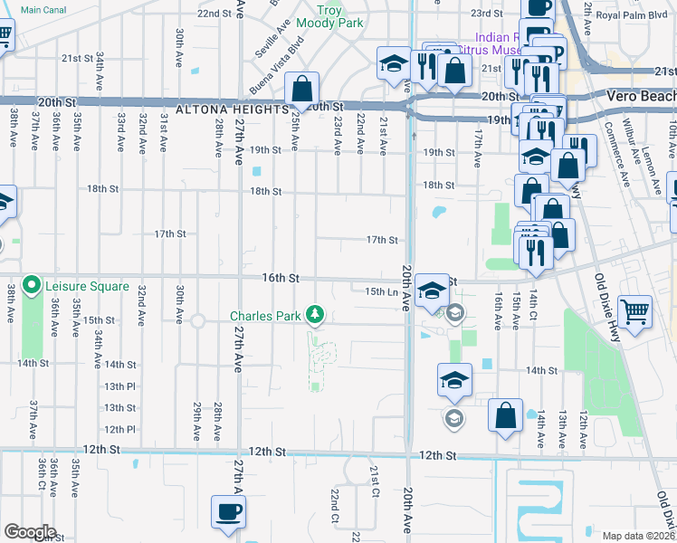 map of restaurants, bars, coffee shops, grocery stores, and more near 2236 16th Street in Vero Beach