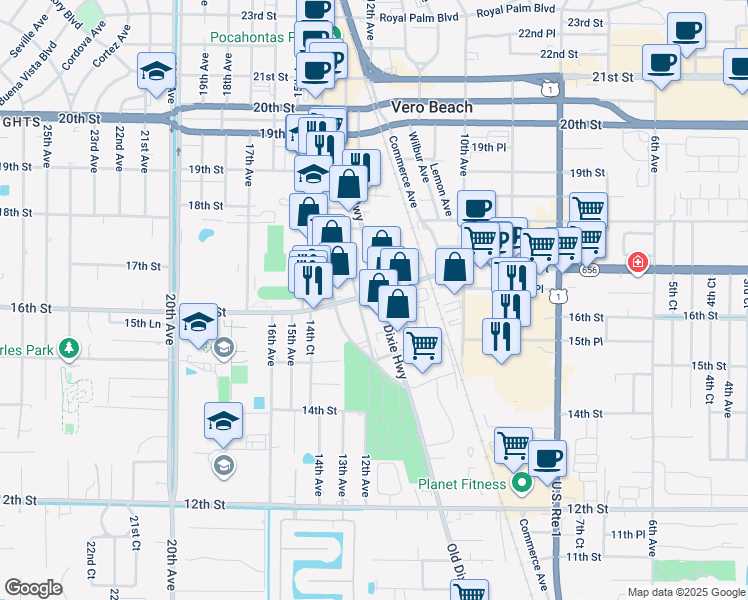 map of restaurants, bars, coffee shops, grocery stores, and more near 1595 Old Dixie Highway in Vero Beach