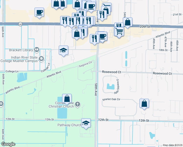 map of restaurants, bars, coffee shops, grocery stores, and more near 1506 Segovia Circle in Vero Beach