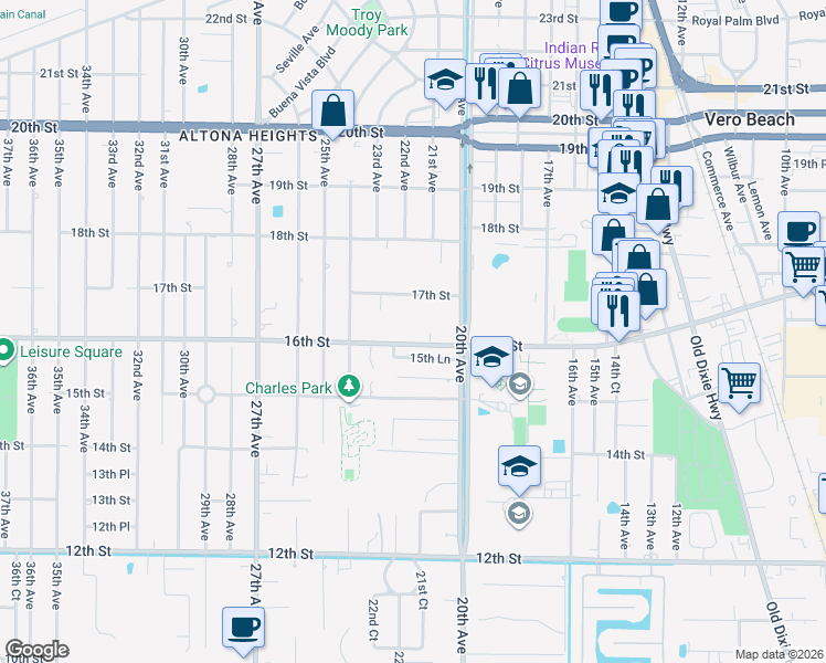 map of restaurants, bars, coffee shops, grocery stores, and more near 2146 16th Street in Vero Beach