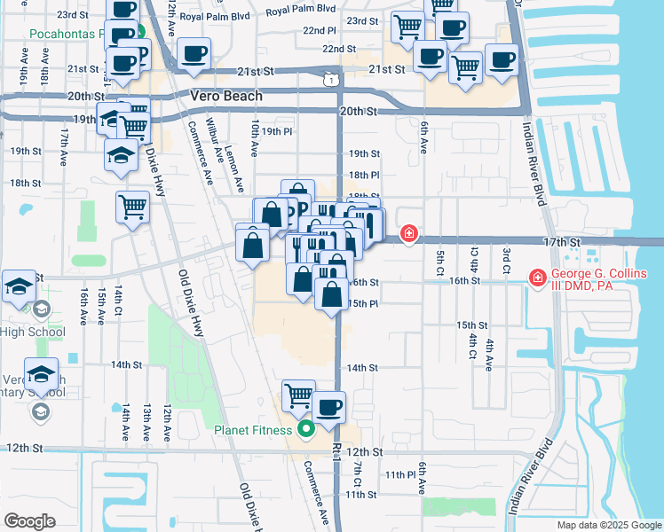 map of restaurants, bars, coffee shops, grocery stores, and more near 1605 U.S. 1 in Vero Beach