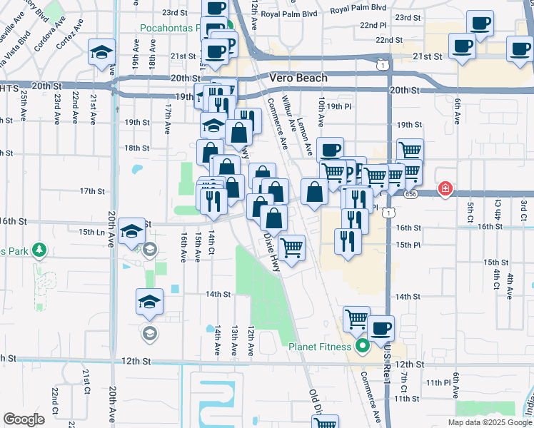 map of restaurants, bars, coffee shops, grocery stores, and more near 1595 Old Dixie Highway in Vero Beach