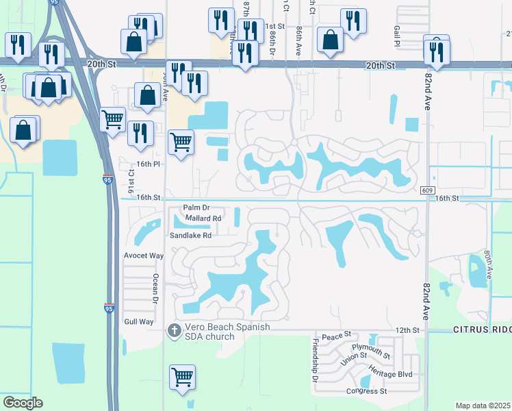 map of restaurants, bars, coffee shops, grocery stores, and more near 528 Johnathans Cay in Vero Beach