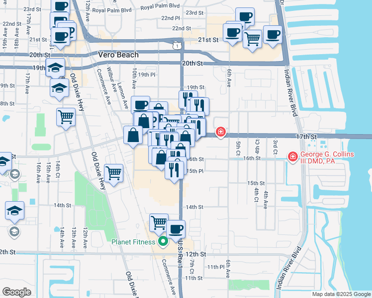 map of restaurants, bars, coffee shops, grocery stores, and more near 1605 U.S. 1 in Vero Beach